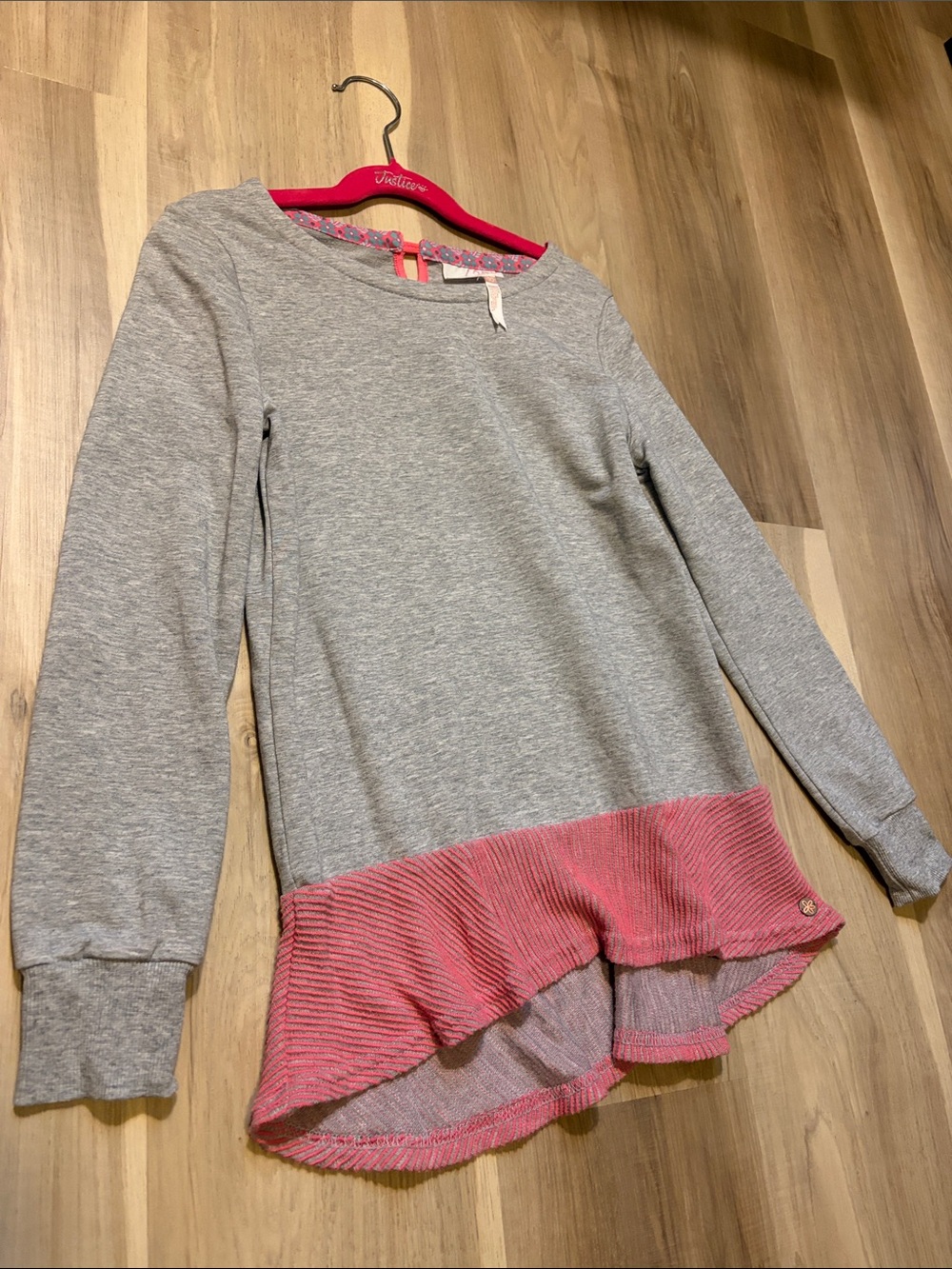 Matilda Jane 435 Girls' Grey and Pink Ruffle-Hem Long Sleeve Top - size 10